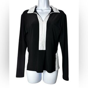 Sympli Zip V Neck Top Short Sleeve Black White Trim Jersey Knit Size 10